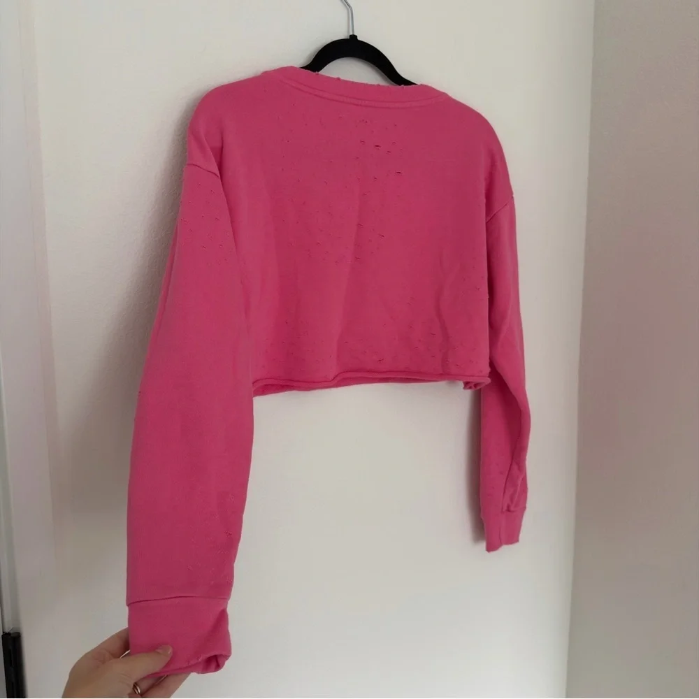 ALO Yoga Fierce Cropped Distressed Details Sweatshirt Pullover Pink Size S Women